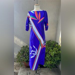 Vintage Hawaiian maxi dress neon floral blue split sleeves XS by Malama